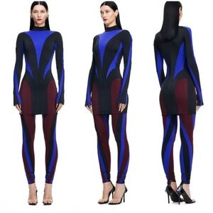 MUGLER X H&M Women Size L Black Blue Long Sleeve Spiral Panel Bodycon Mini Dress